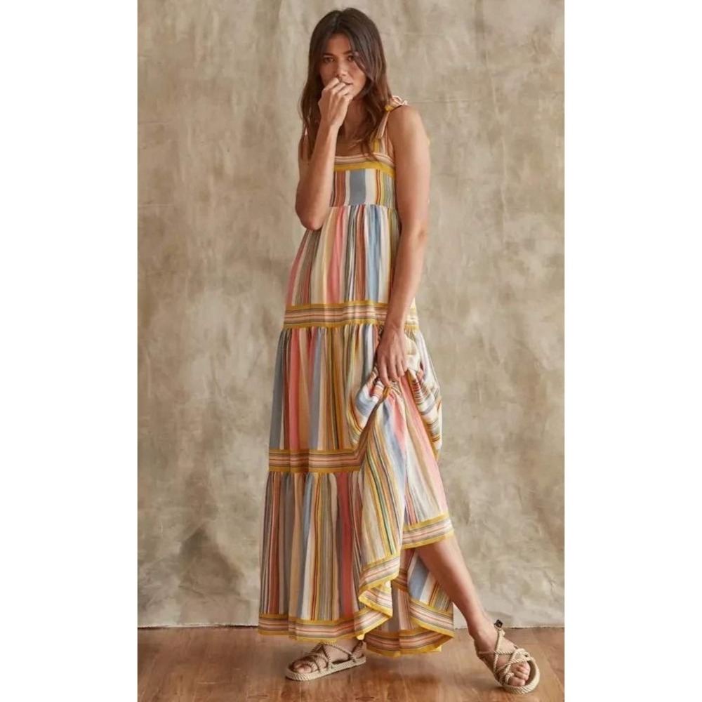 By Together Striped Tiered Maxi Dress Yellow Small Tie Shoulder Boho Whimsical - Picture 1 of 15